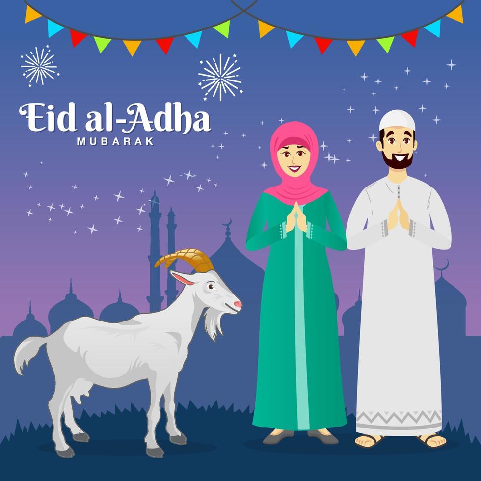 tarjeta de felicitación eid al adha. caricatura, pareja musulmana, celebrar, eid al adha, con, cabra, estrellas, mezquita, como, plano de fondo vector