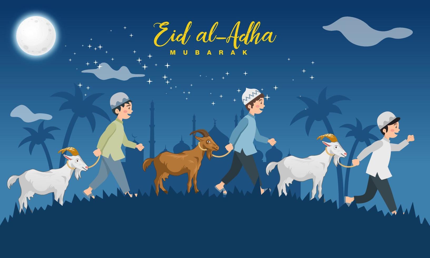 tarjeta de felicitación eid al adha. los niños musulmanes de dibujos animados toman una cabra para el sacrificio con luna llena, estrellas y mezquita como fondo. vector