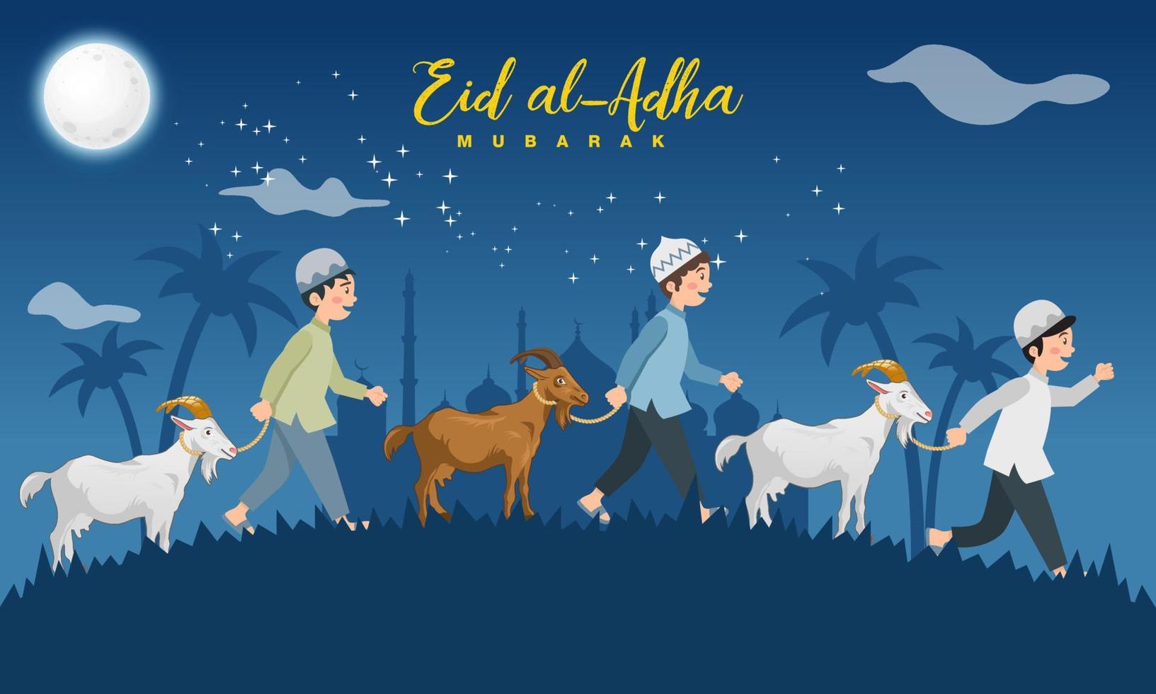 Eid al Adha greeting card. cartoon muslim boys take a goat for sacrifice with with full moon, stars and mosque as background. vector