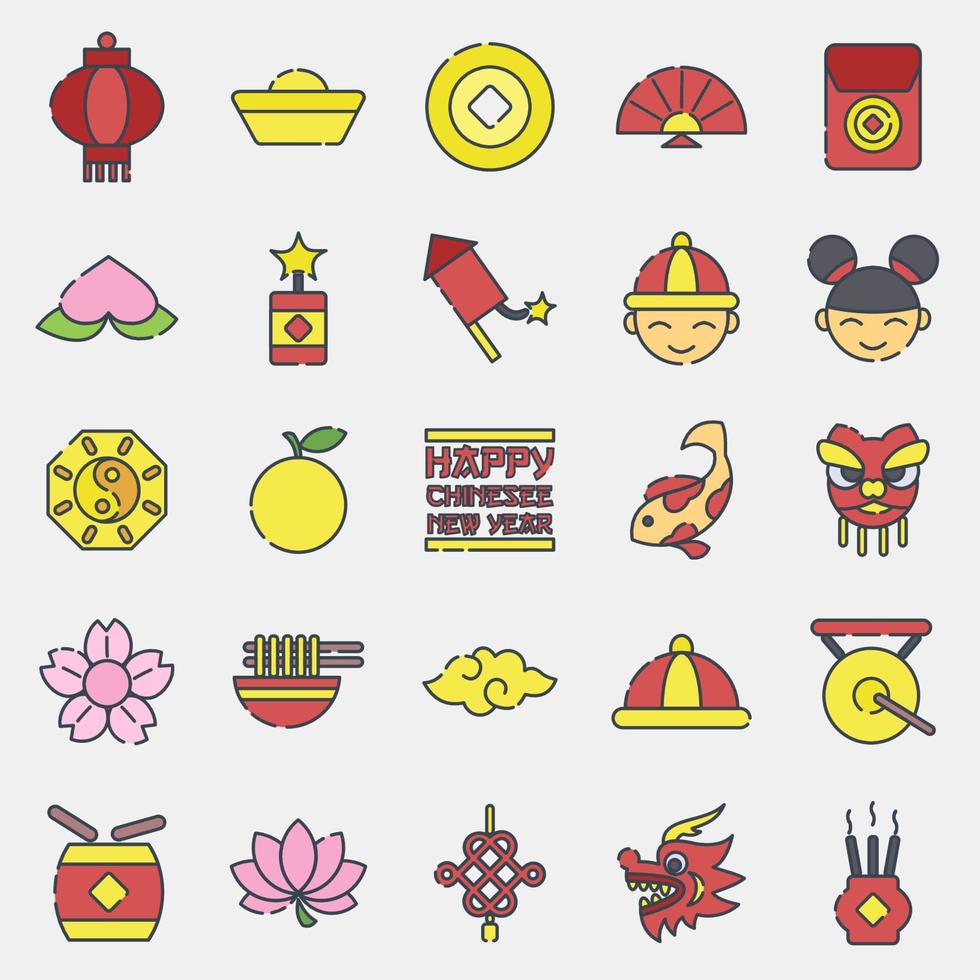 conjunto de iconos de elementos de celebración del año nuevo chino. iconos en estilo de línea rellena. bueno para impresiones, carteles, logotipos, decoración de fiestas, tarjetas de felicitación, etc. vector