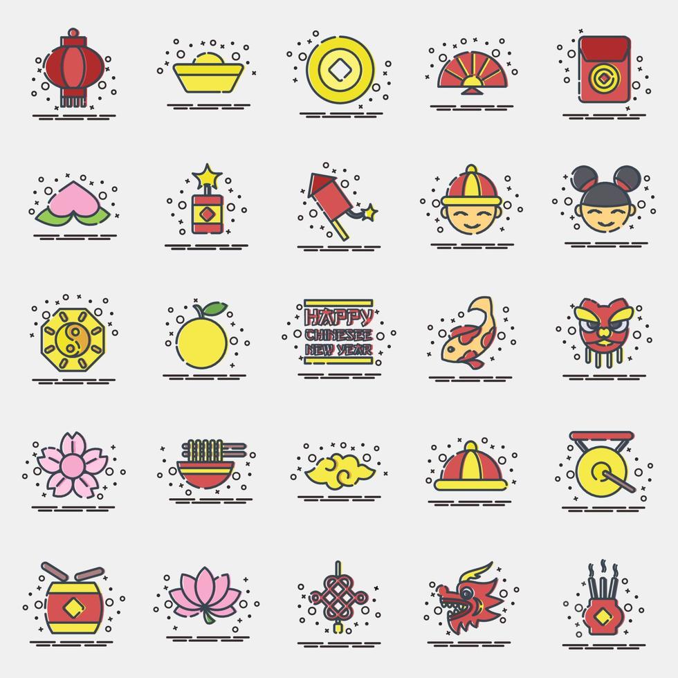 Icon set of Chinese New Year celebration elements. Icons in MBE style. Good for prints, posters, logo, party decoration, greeting card, etc. vector