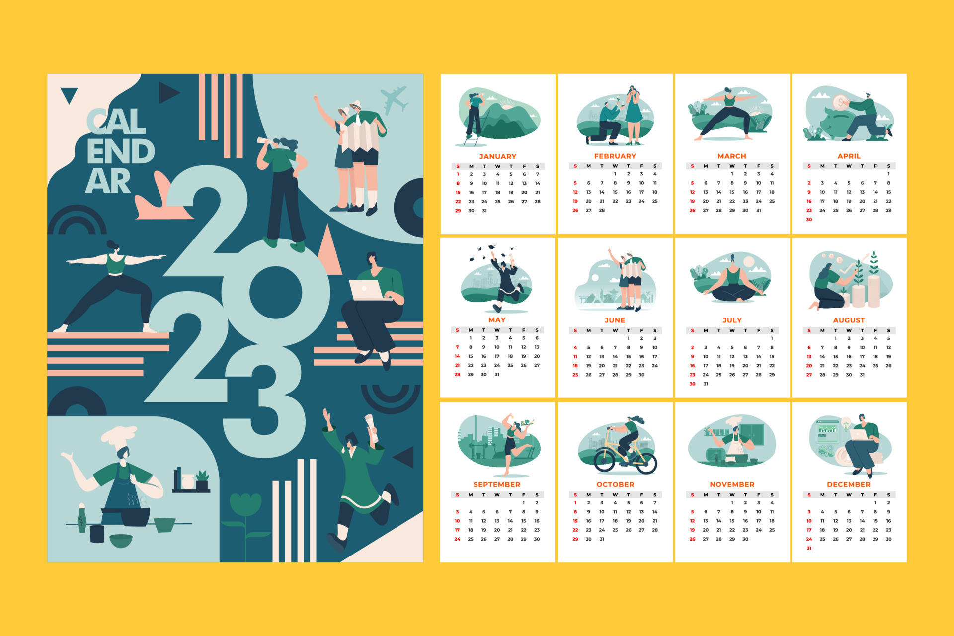Modern and stylized monthly 2023 calendar with Goals and resolutions