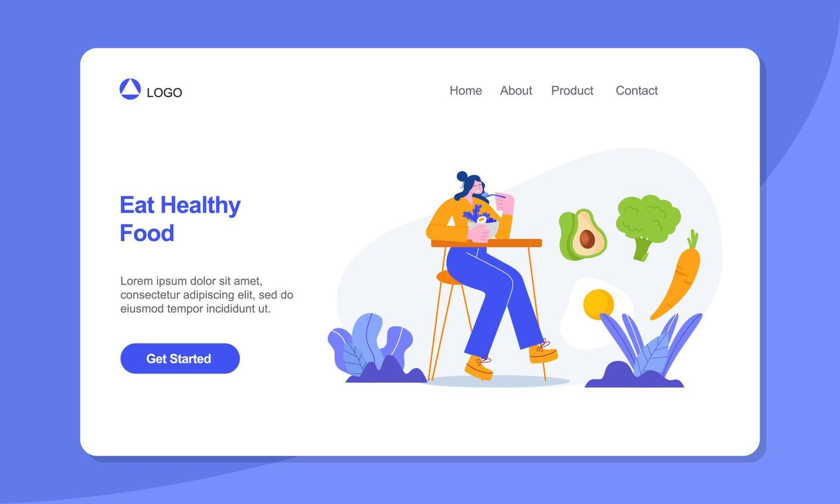 Healthy Lifestyle Landing Page Template. woman at the table eating healthy food. Vector illustration in flat style.