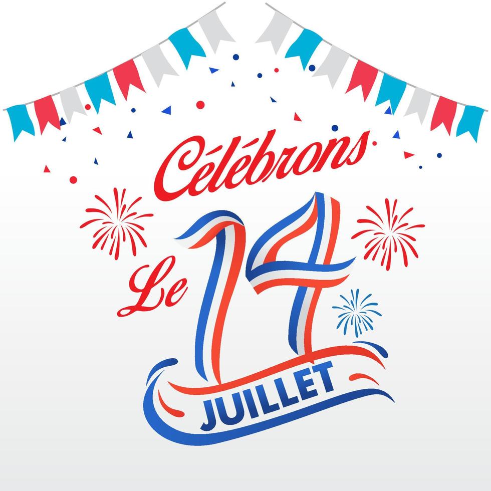 logotipo de celebración del día de la bastilla formado por cinta azul, blanca y roja. le 14 juillet traducción al francés del 14 de julio día nacional francés vector