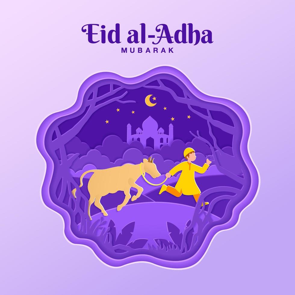 Eid al-Adha greeting card concept illustration in paper cut style with muslim boy bring cattle for sacrifice vector