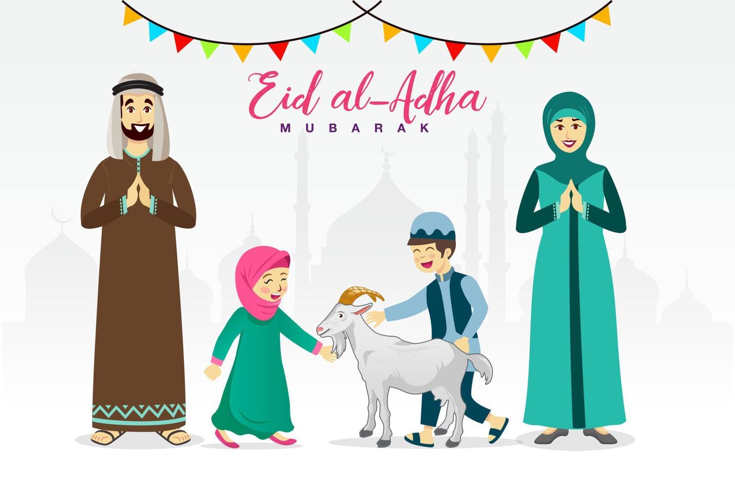 tarjeta de felicitación eid al adha. familia musulmana de dibujos animados celebrando eid al adha con la mezquita como fondo. vector