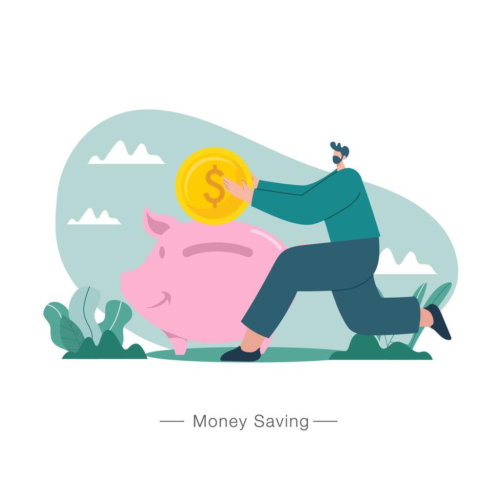 Money saving concept illustration. man saving money in piggy bank. suitable for web, banner, poster and landing page. vector