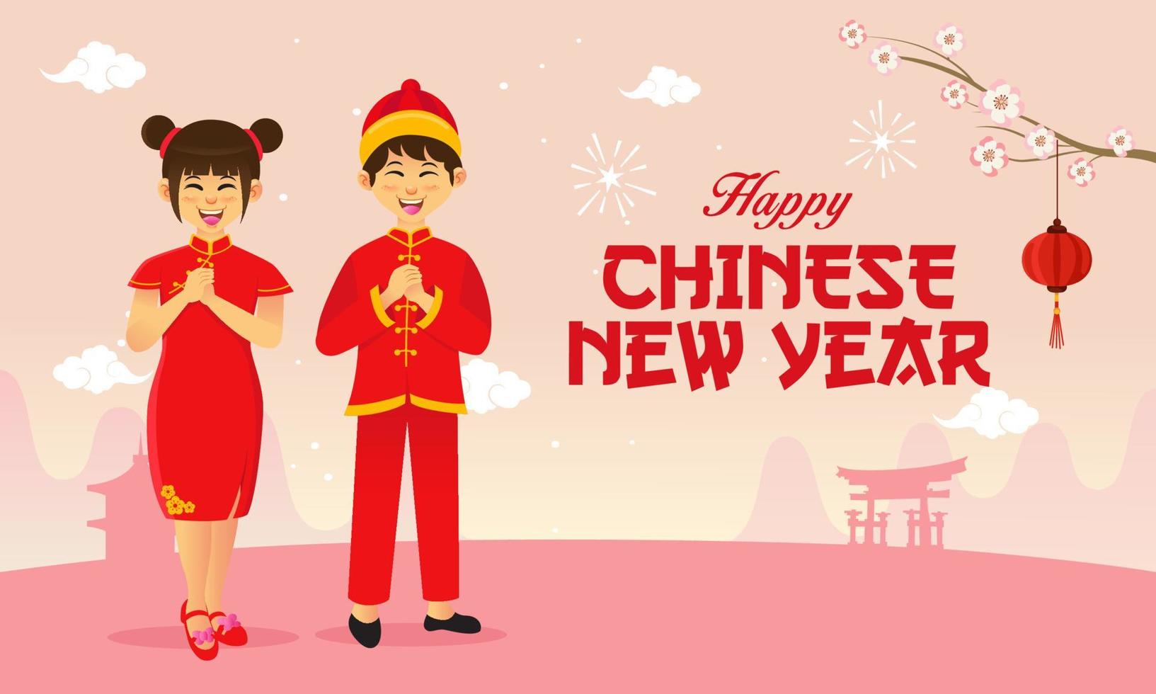 feliz tarjeta de felicitación de año nuevo chino. niños chinos vistiendo trajes nacionales saludando el festival del año nuevo chino vector