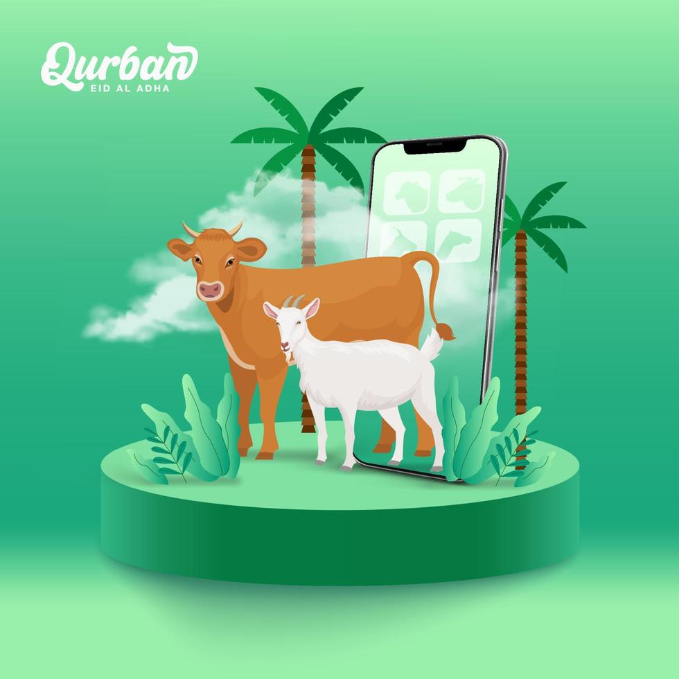 concepto de aplicación móvil qurban en línea. ilustración de un teléfono inteligente con animales de sacrificio para eid al adha vector