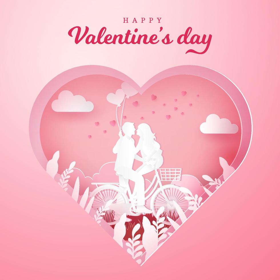 Valentine's Day greeting card. couple sitting at one bicycle and looking each other with one hand holding heart shaped balloons vector