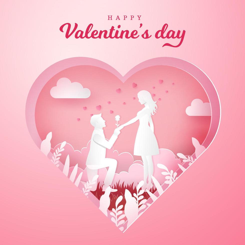 tarjeta de felicitación del día de san valentín. joven arrodillado a su novia y dando una rosa con fondo de corazón tallado vector