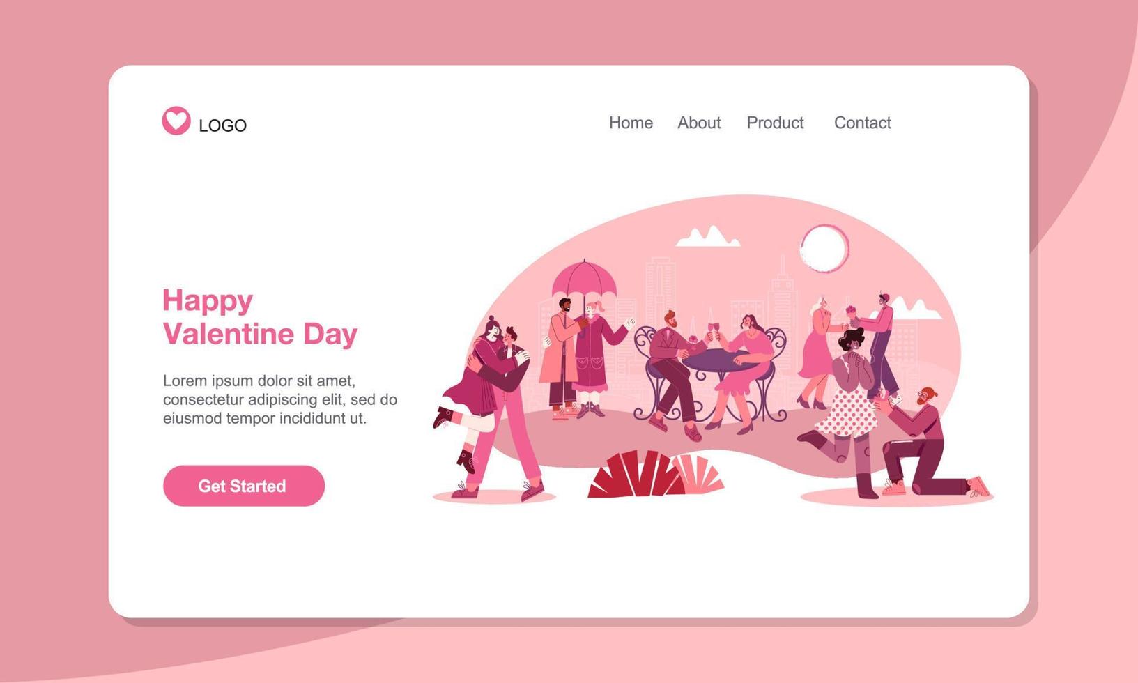 Valentine's Day Landing Page Template. romantic couples in love with modern flat style vector illustration
