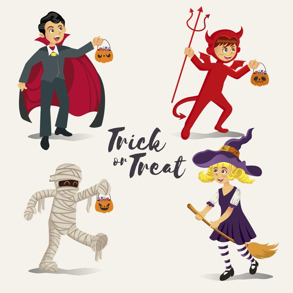 Cartoon happy kids in halloween costume to go Trick or Treating isolated on white background vector