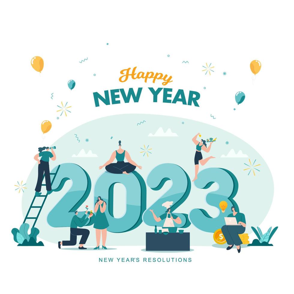Happy new year 2023. 2023 Goals and resolutions concept illustration. tiny people having fun with their goals in 2023. vector