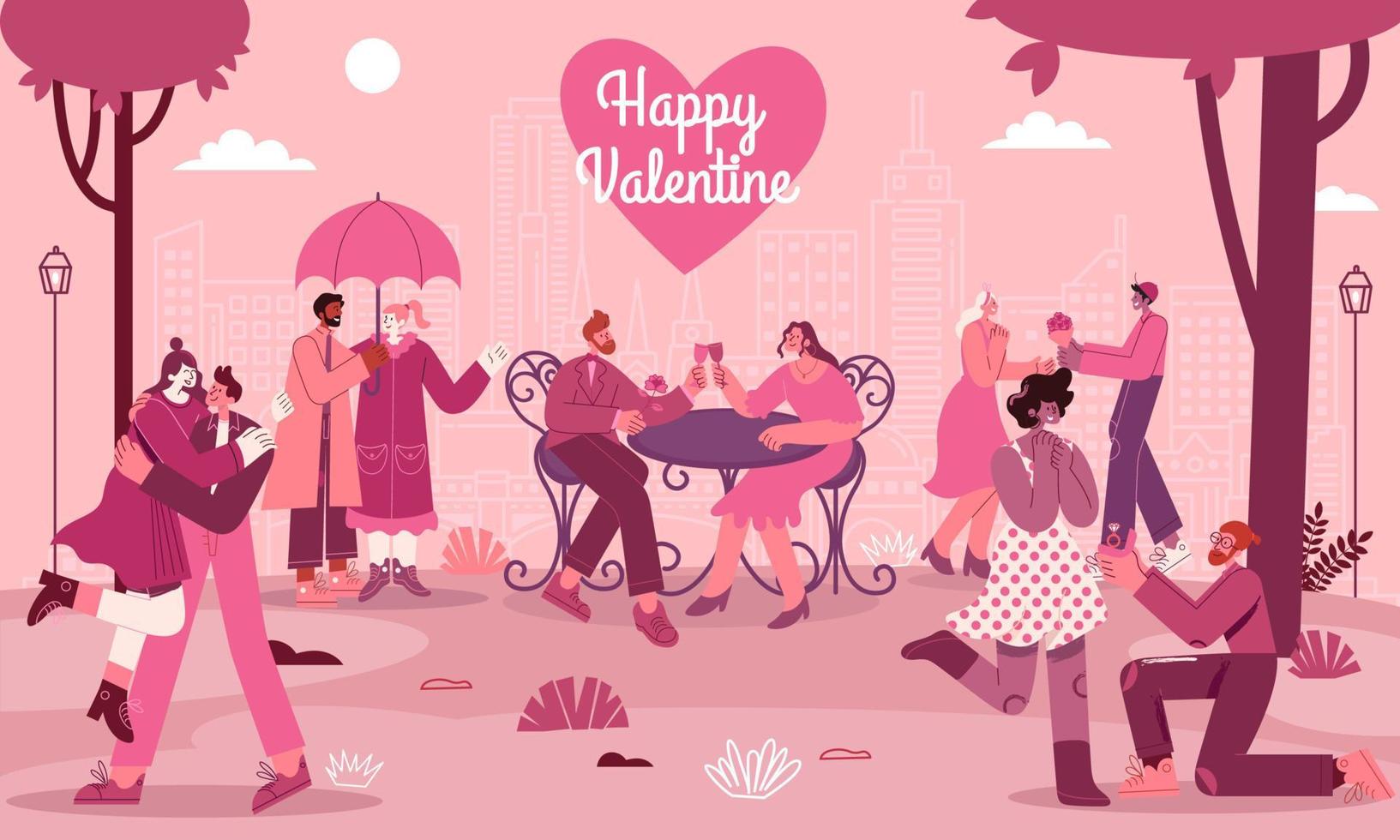 Valentine's Day greeting card with romantic couples in love with modern flat style vector illustration