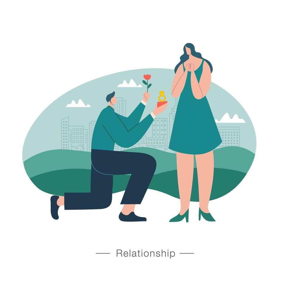 Man Kneeling Offering Engagement Ring to his Girlfriend. relationship concept illustration vector