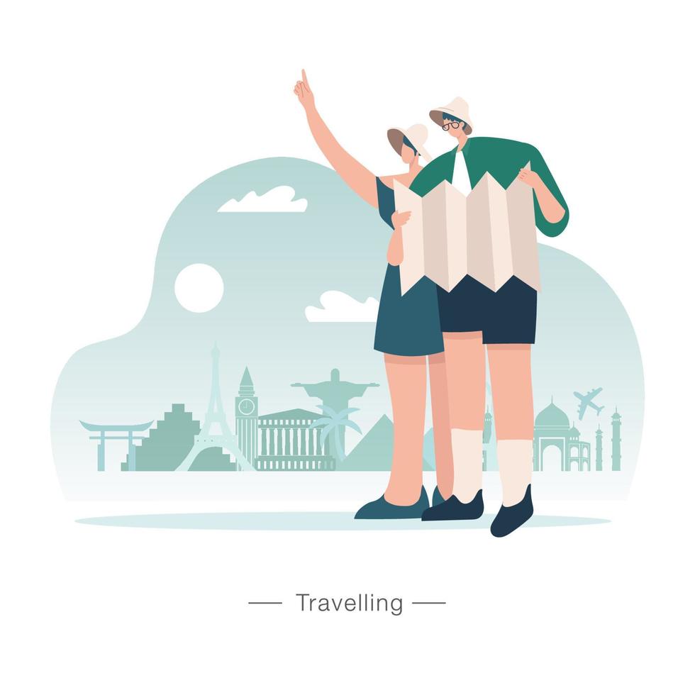 Travelling concept vector illustration. young couple going to go on vacation.