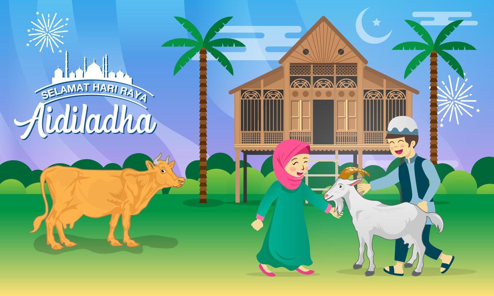 tarjeta de felicitación eid al adha. niños musulmanes de dibujos animados celebrando eid al adha con cabra, vaca y casa tradicional de pueblo malayo vector