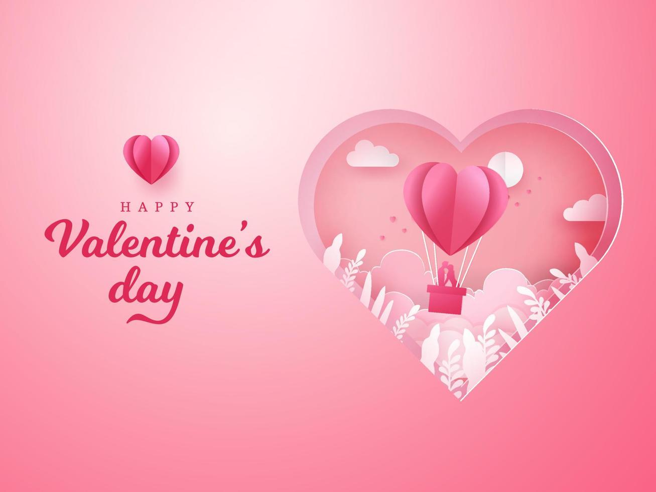 tarjeta de felicitación del día de san valentín. pareja romántica besándose y parada dentro de una canasta de un globo de aire con fondo de corazón tallado vector