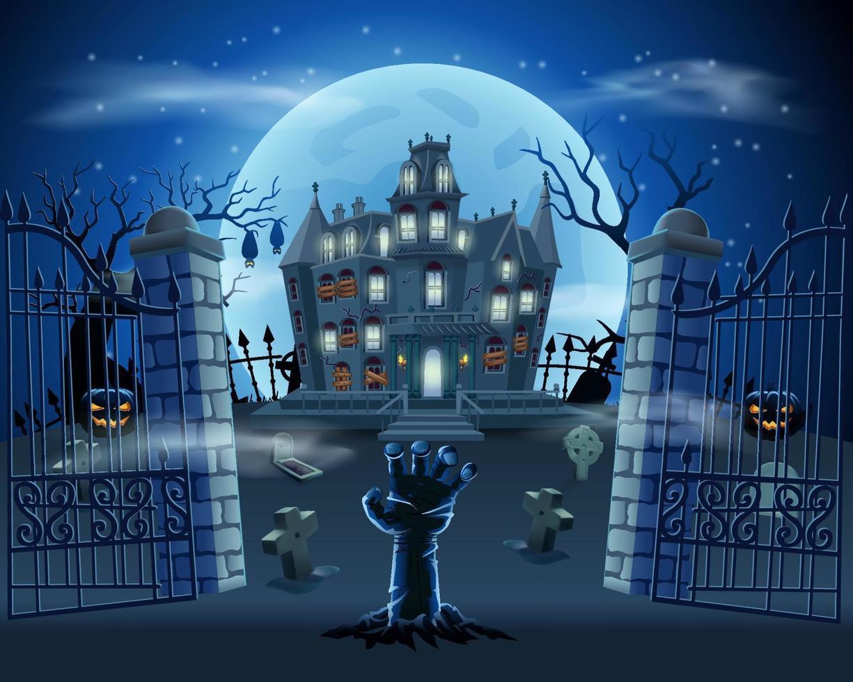 happy halloween background with zombie hand from the ground on graveyard with haunted house, pumpkins and full moon vector
