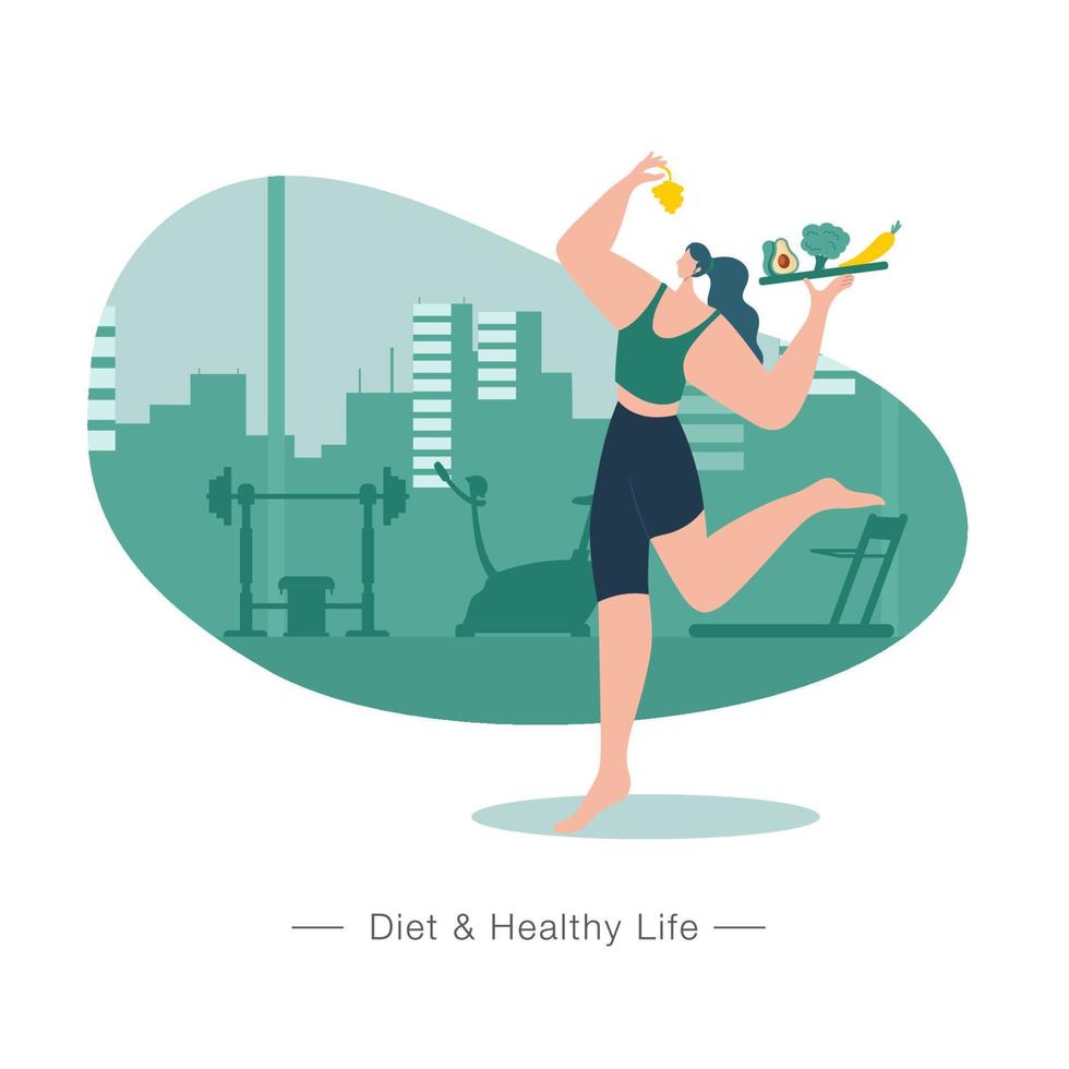 ilustración del concepto de estilo de vida saludable. mujer comiendo alimentos saludables con fondo de gimnasio vector