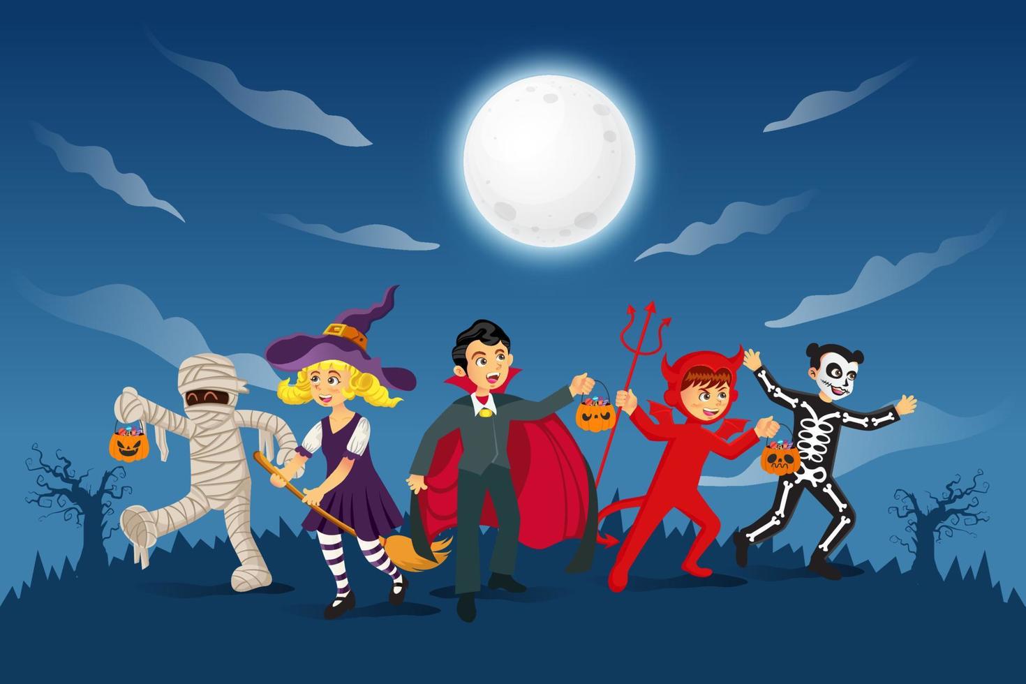 Happy halloween background. kids dressed in halloween costume to go Trick or Treating with blue background vector