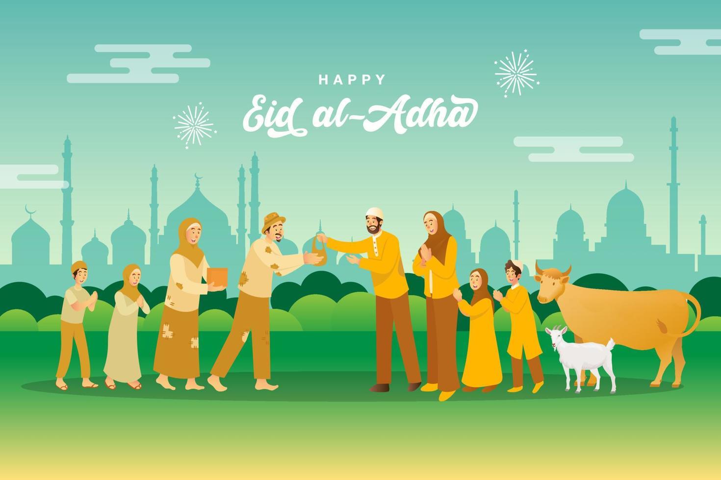 Eid al Adha greeting card. muslim family sharing the meat of sacrificial animal for poor people vector