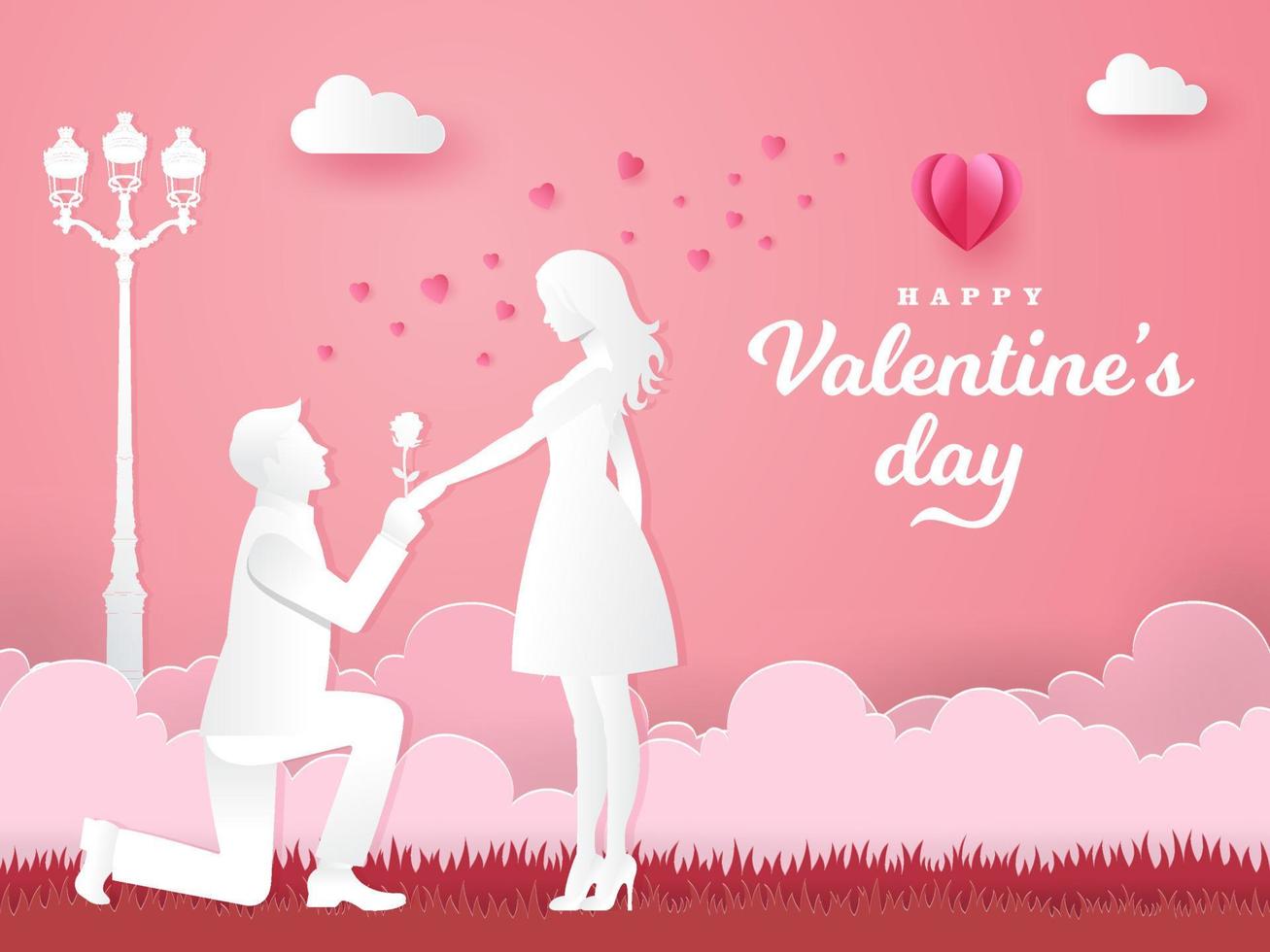 Valentine's Day greeting card. Young man kneeling to his girlfriend and giving a rose on the park vector