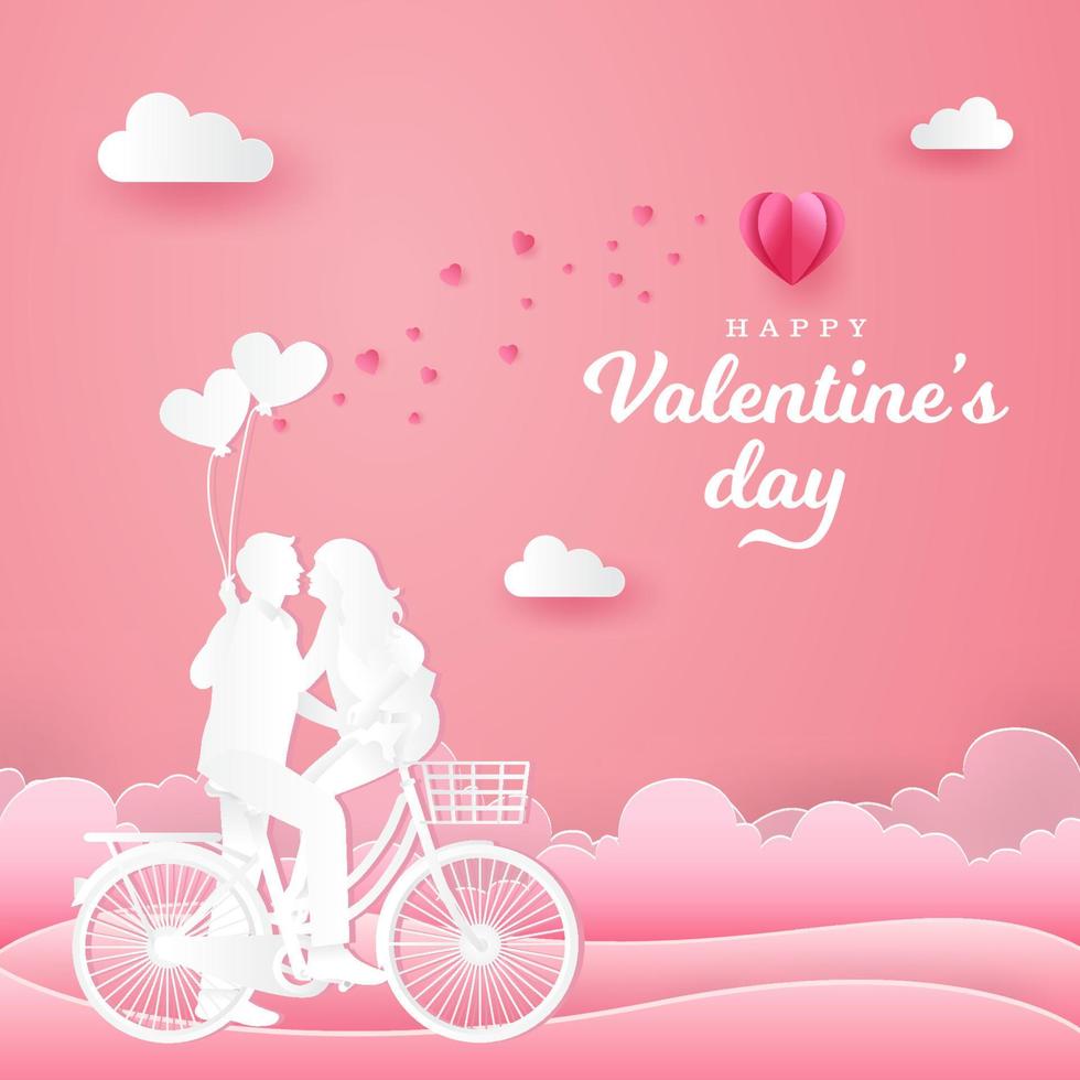 Valentine's Day greeting card. couple sitting at one bicycle and looking each other with one hand holding heart shaped balloons vector