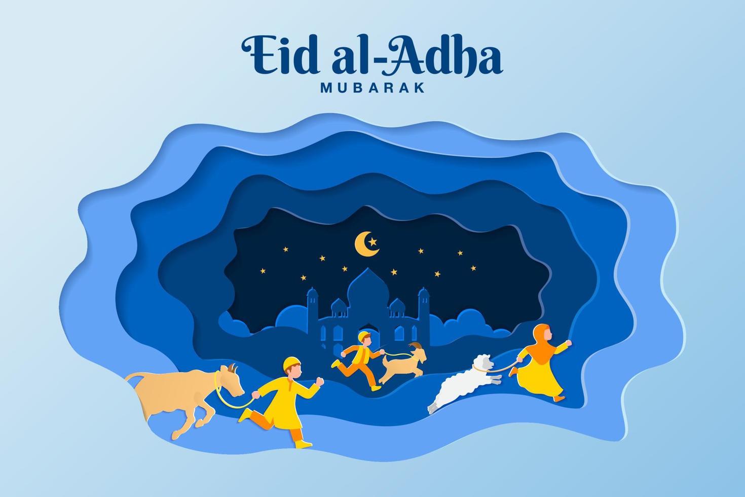 ilustración de concepto de tarjeta de felicitación eid al-adha en estilo de corte de papel vector