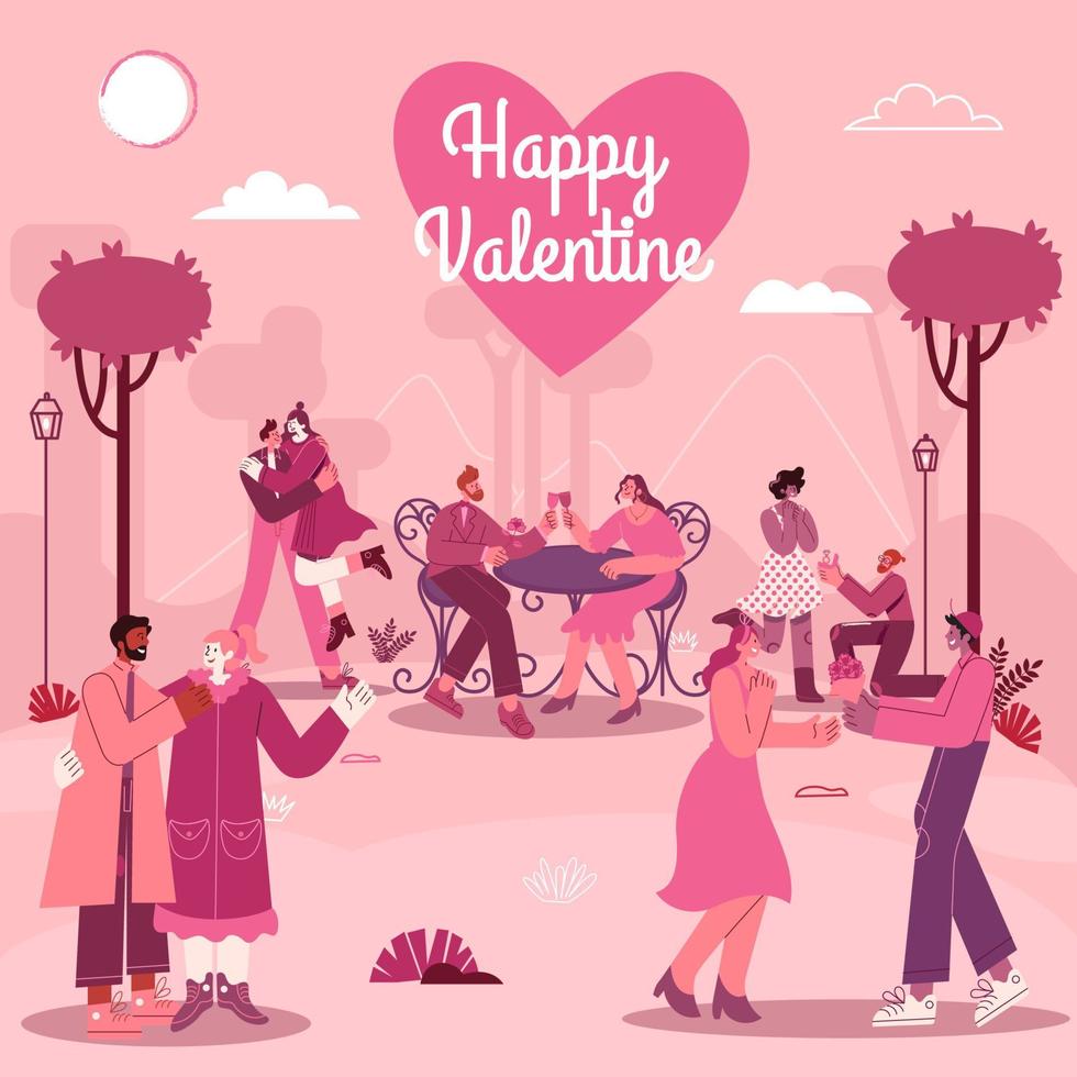 Valentine's Day greeting card with romantic couples in love with modern flat style vector illustration