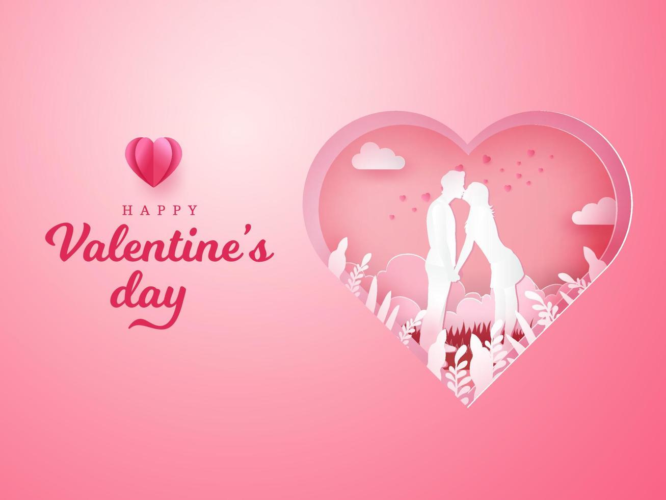 tarjeta de felicitación del día de san valentín. pareja romántica besándose y tomándose de la mano con fondo de corazón tallado vector