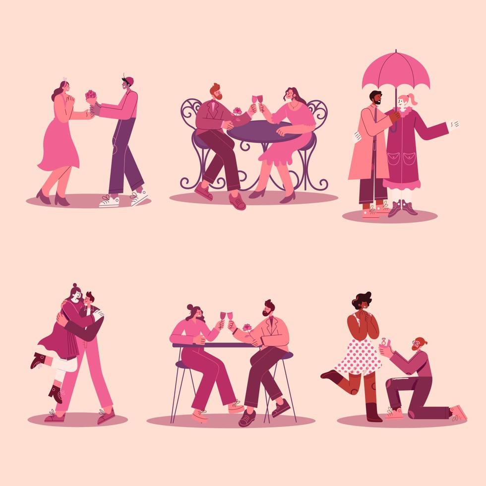 Set of romantic couples in love with modern flat style vector illustration.