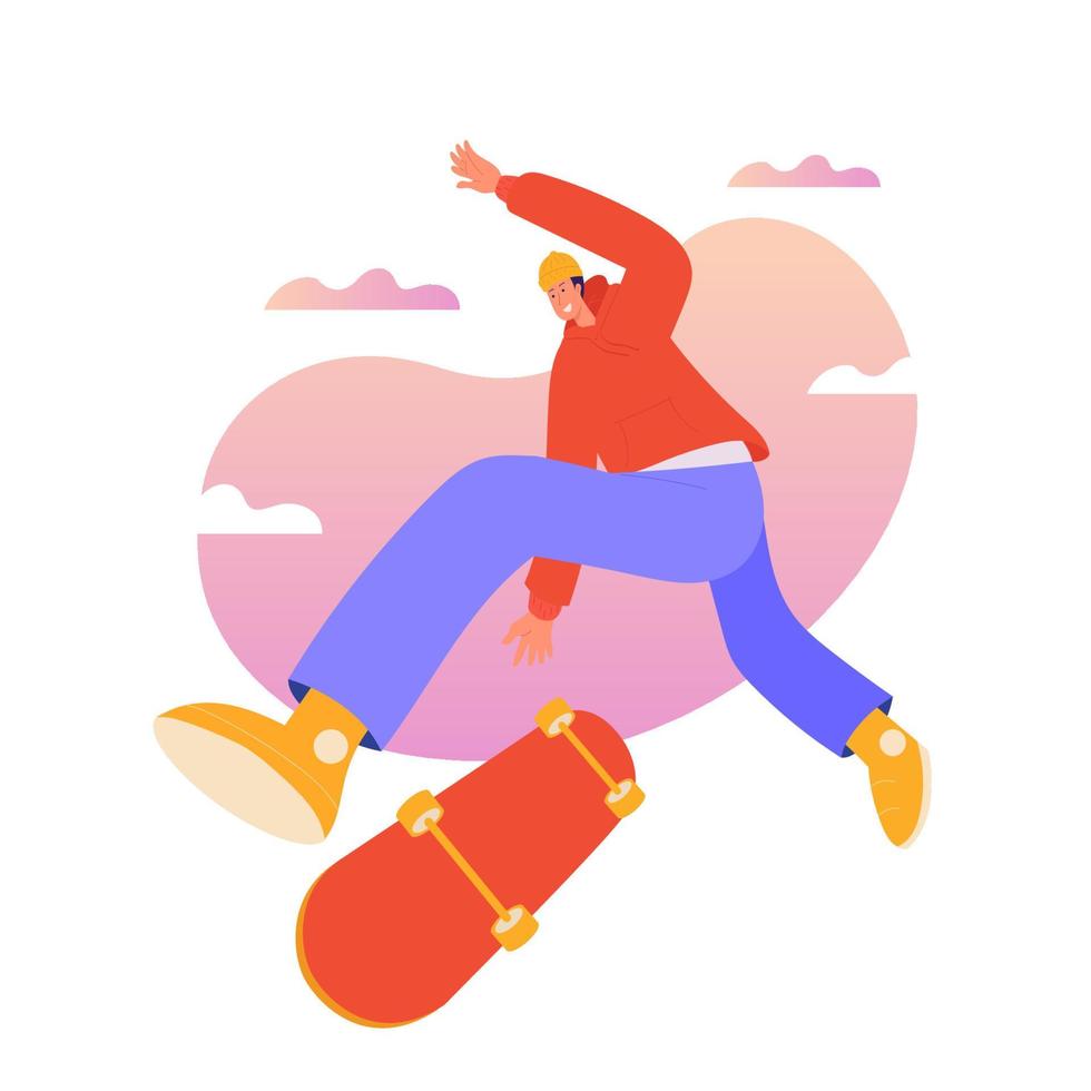 Ilustración de vector plano de personaje de chico patinador. skater boy haciendo trucos en patineta