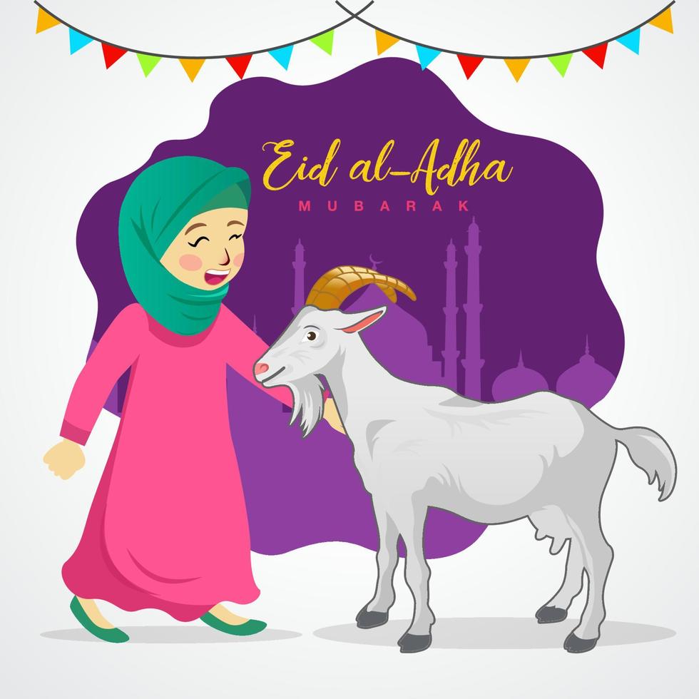 tarjeta de felicitación eid al adha. linda chica musulmana de dibujos animados sosteniendo una cabra para el sacrificio con la mezquita como fondo vector