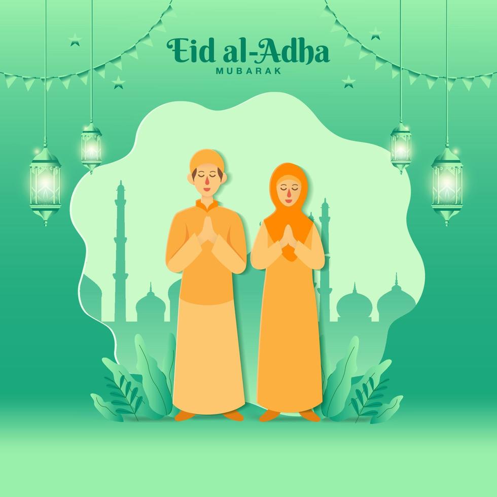 ilustración de concepto de tarjeta de felicitación de eid al-adha en estilo de corte de papel con bendición de pareja musulmana de dibujos animados eid al-adha vector