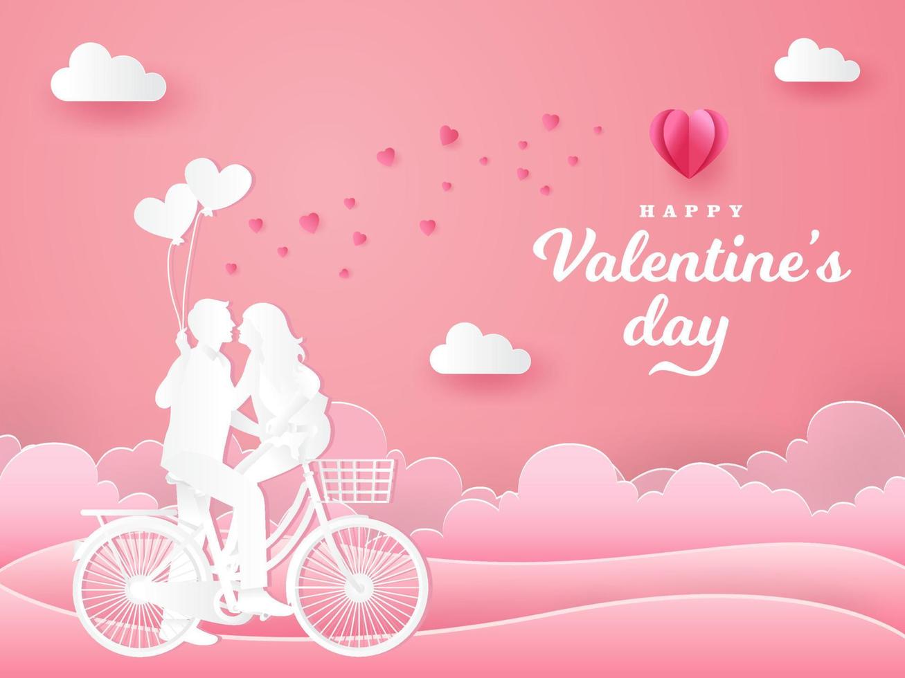 Valentine's Day greeting card. couple sitting at one bicycle and looking each other with one hand holding heart shaped balloons vector