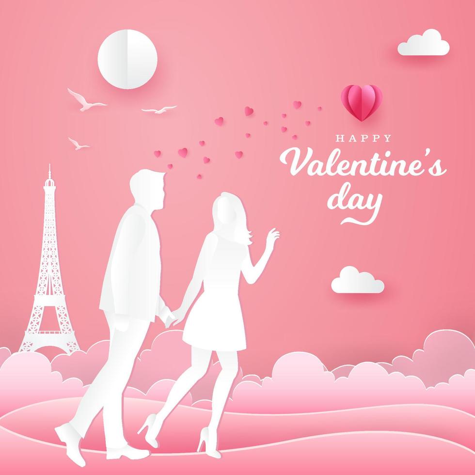 tarjeta de felicitación del día de san valentín. pareja caminando y tomados de la mano sobre fondo rosa vector