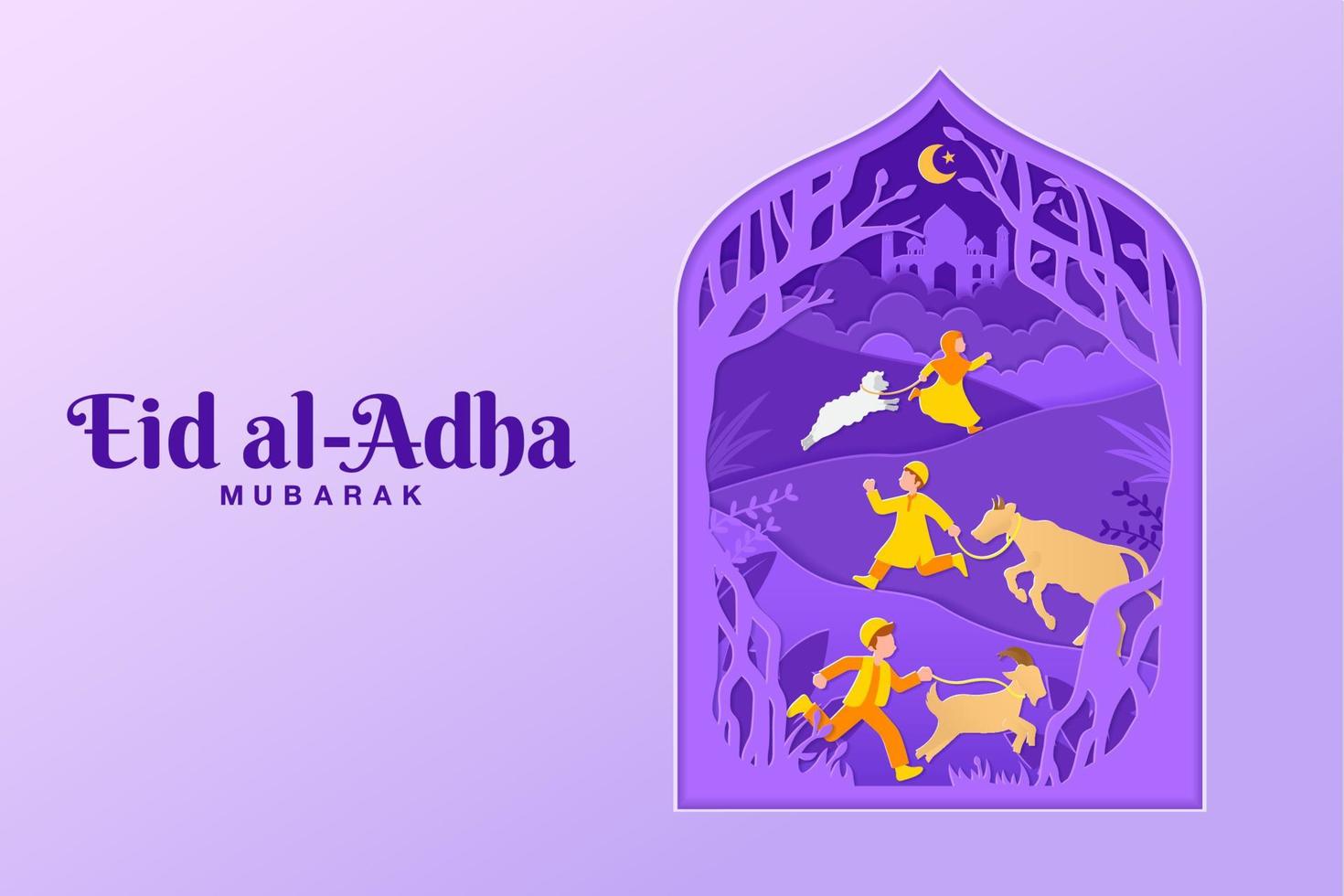 ilustración de concepto de tarjeta de felicitación eid al-adha en estilo de corte de papel vector