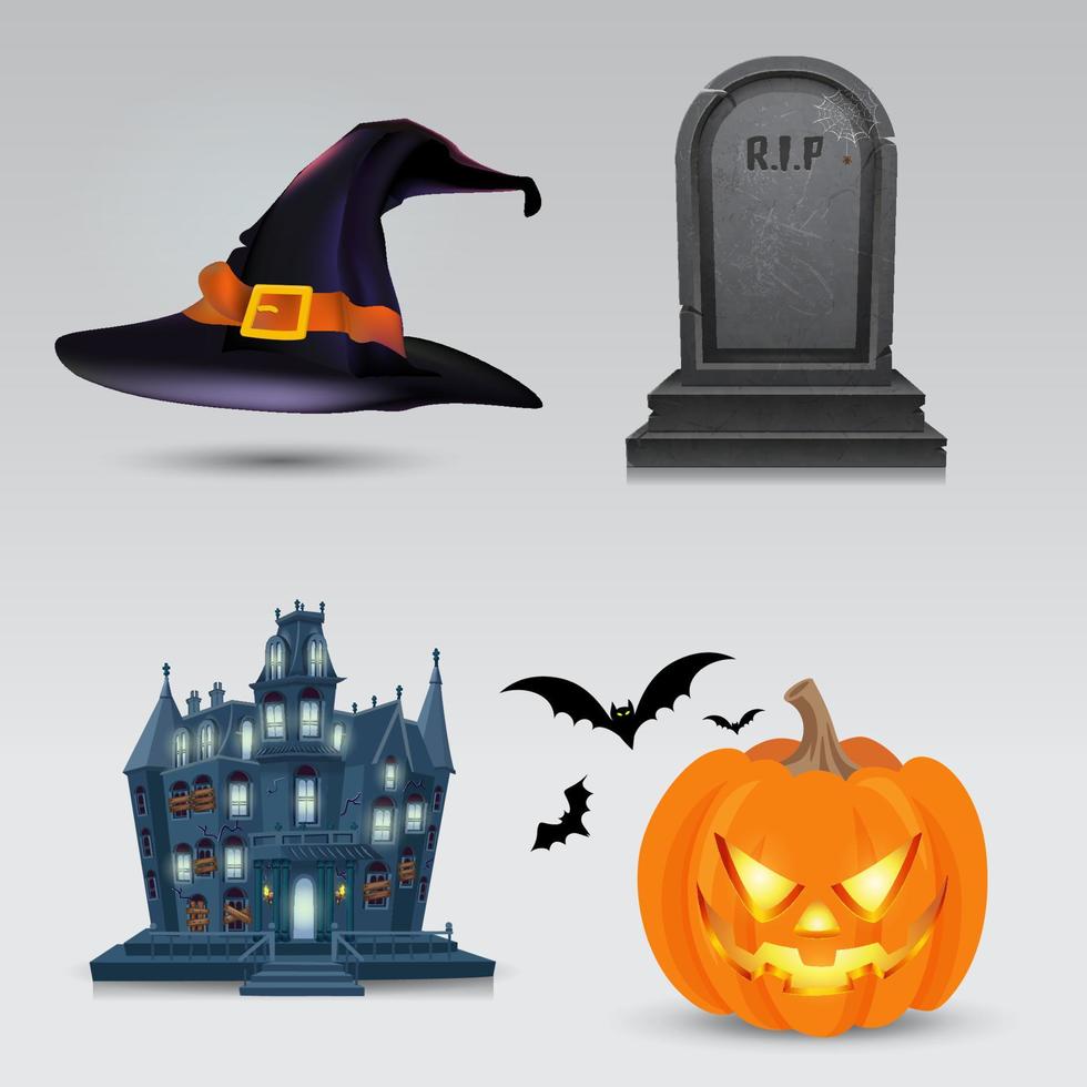 Halloween vector set with pumpkin, flying ghost, gravestone and spider isolated on white background.