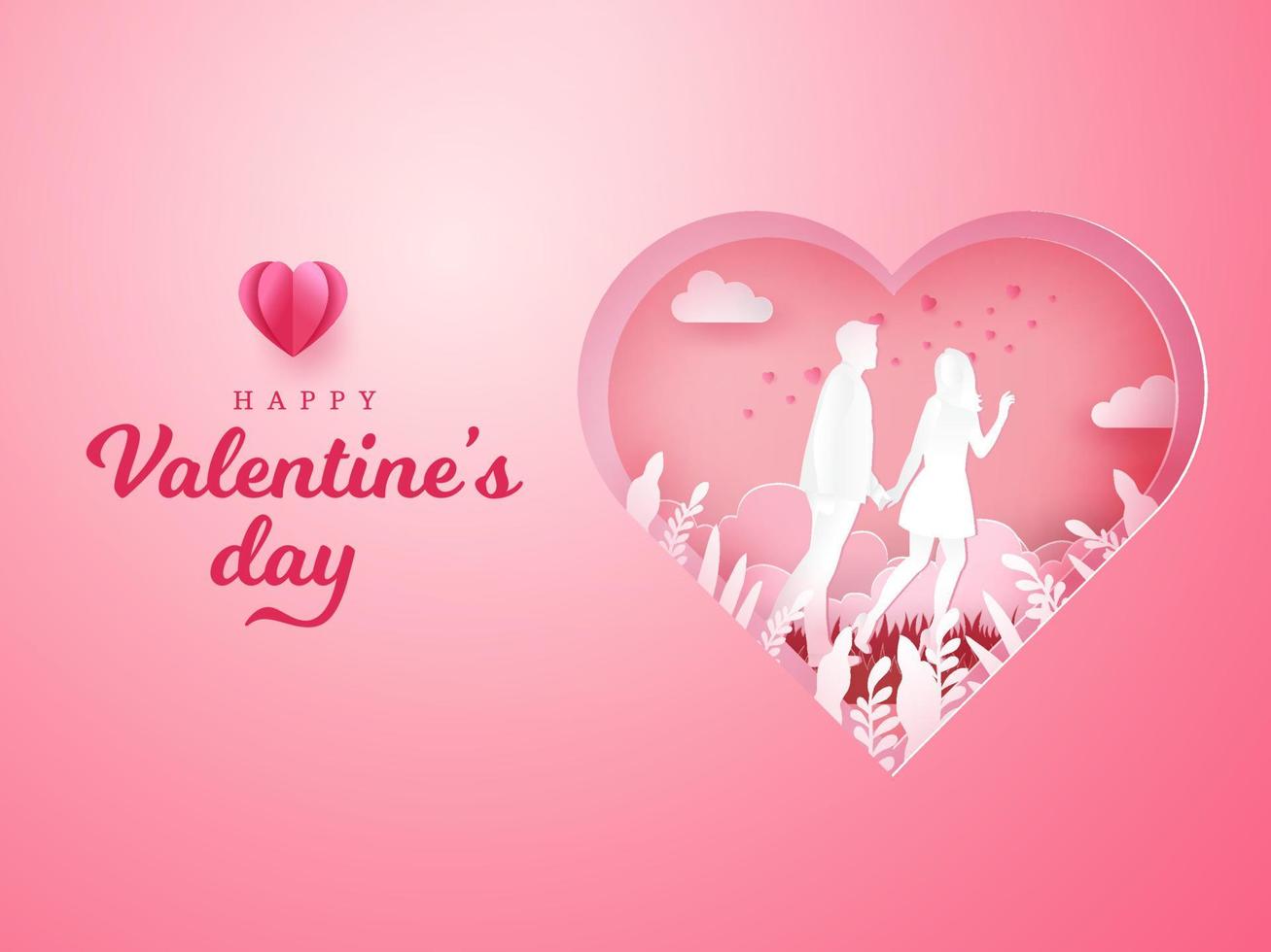 tarjeta de felicitación del día de san valentín. pareja caminando y tomados de la mano con fondo de corazón tallado vector