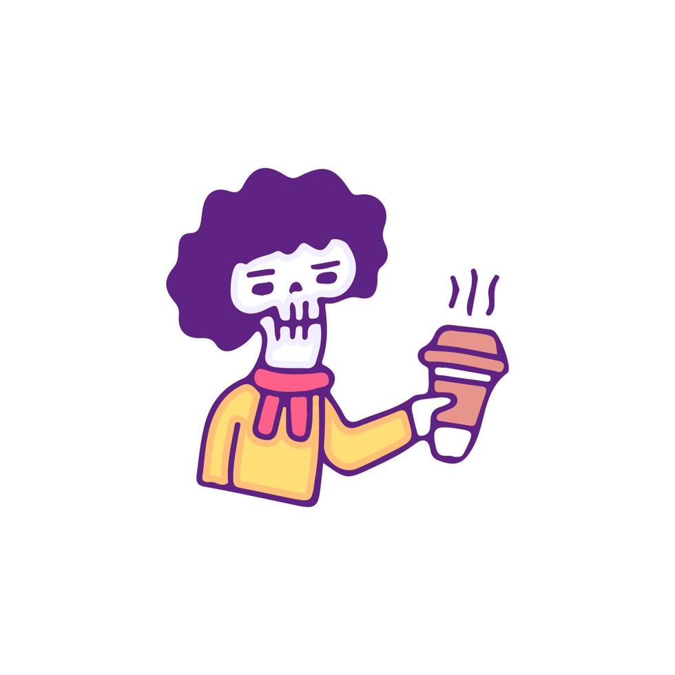 Cool skull with afro hair drink a cup of coffee, illustration for t-shirt, sticker, or apparel merchandise. With doodle, retro, and cartoon style. vector