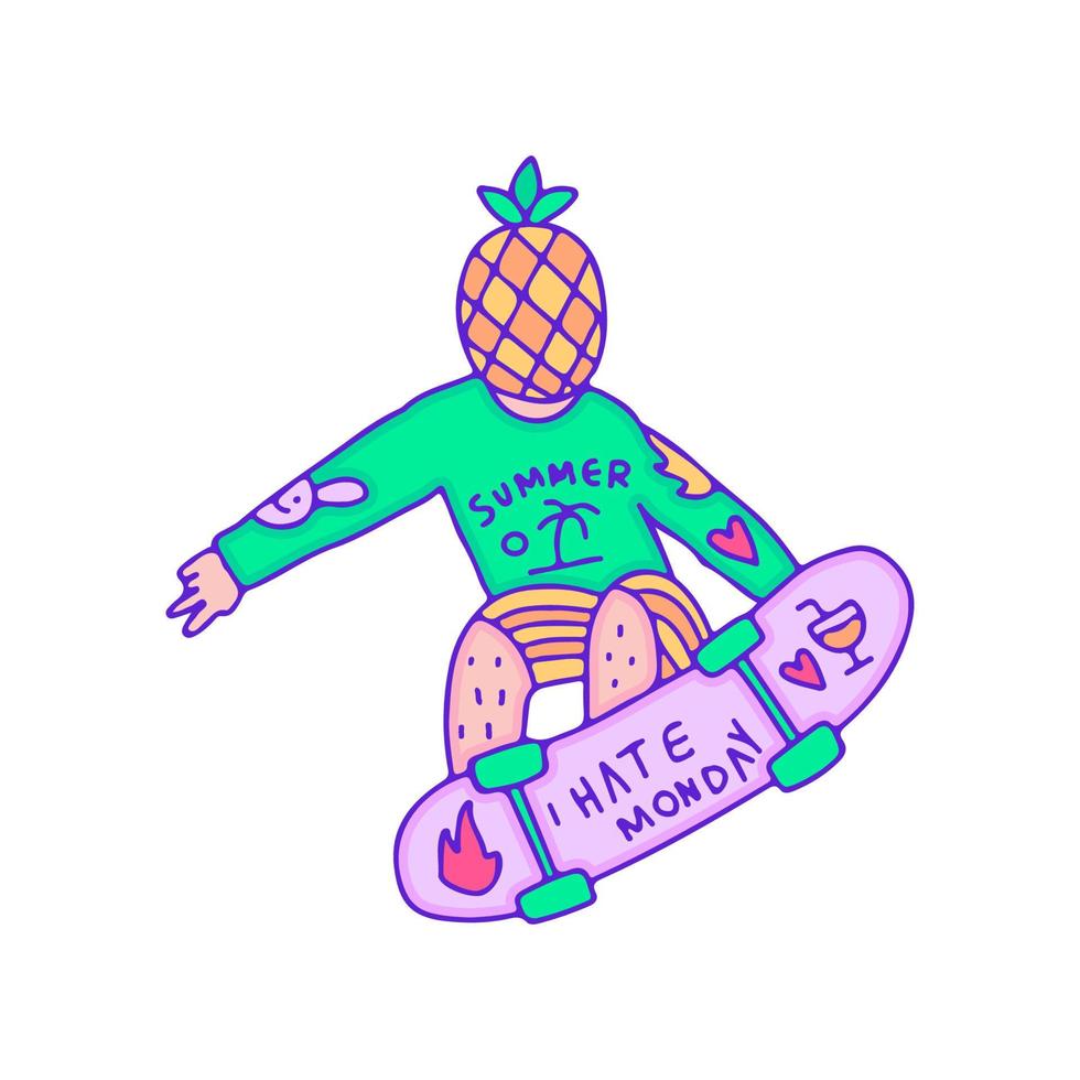 Cool pineapple boy character freestyle with skateboard, illustration for t-shirt, sticker, or apparel merchandise. With modern pop art. vector