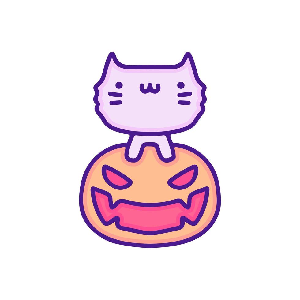 Cute cat and monster pumpkin illustration, with soft pop style and old style 90s cartoon drawings. Artwork for street wear, t shirt, patchworks. vector