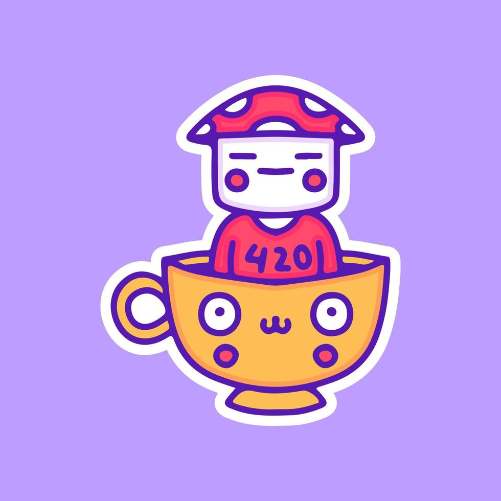 lindo personaje de hongo dentro de una taza de ilustración de café, con estilo pop suave y dibujos de dibujos animados de estilo antiguo de los años 90. obras de arte para ropa de calle, camiseta, patchwork. vector