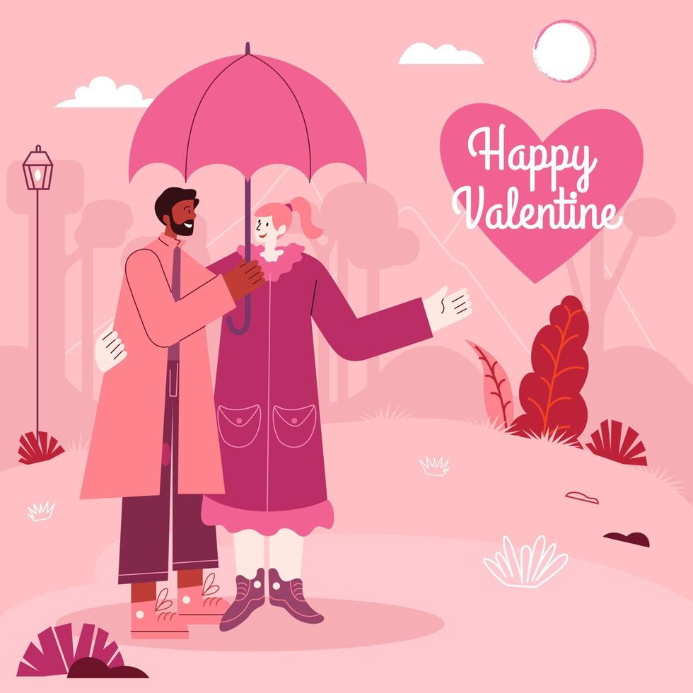 Valentine's Day greeting card. Young couple standing under umbrella on a rainy day vector