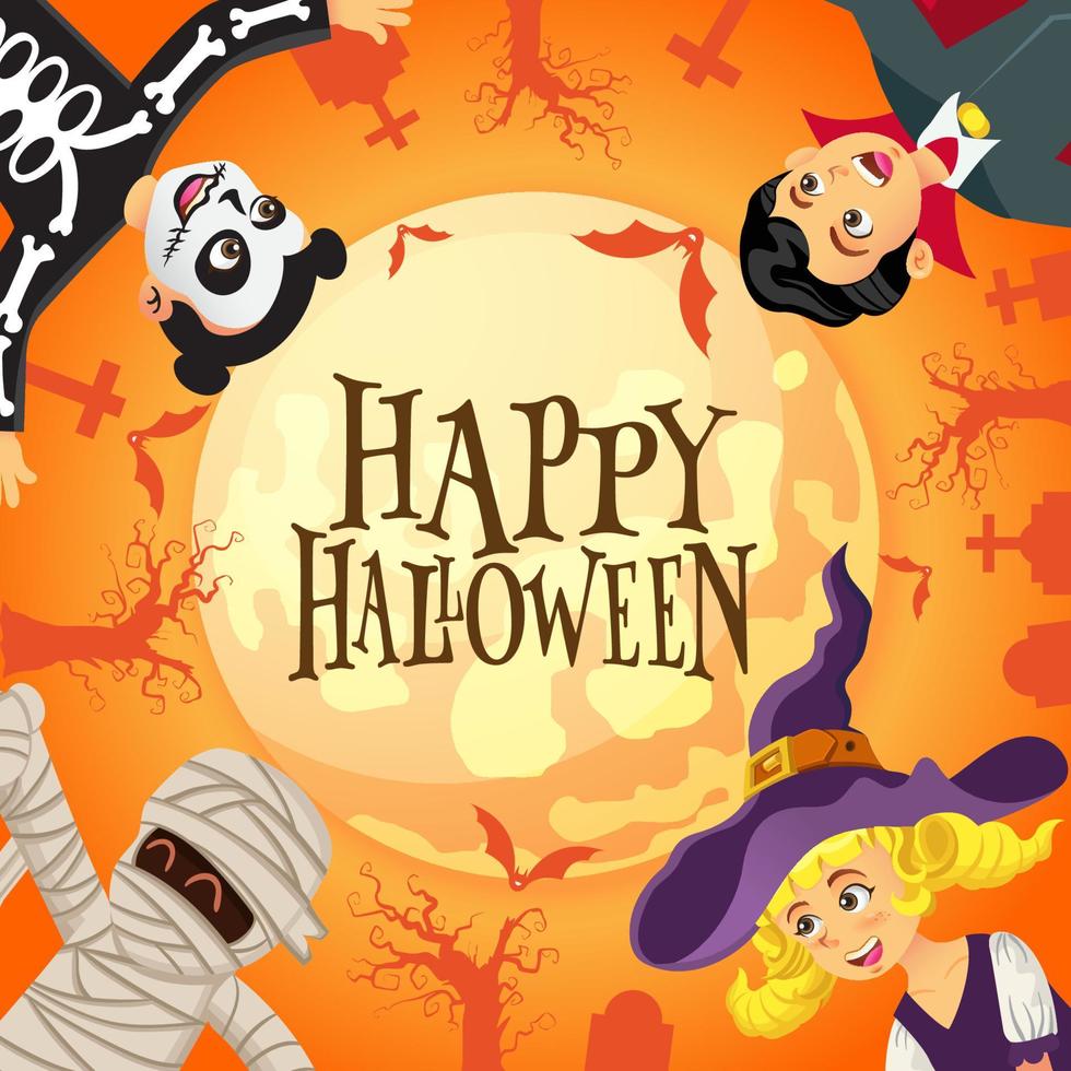 feliz fondo de halloween con niños vestidos con disfraces de halloween en el cementerio y el fondo de luna llena vector