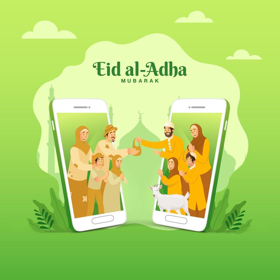 eid al adha greeting card. muslim family sharing the meat of sacrificial animal for poor people through smartphone screen concept vector