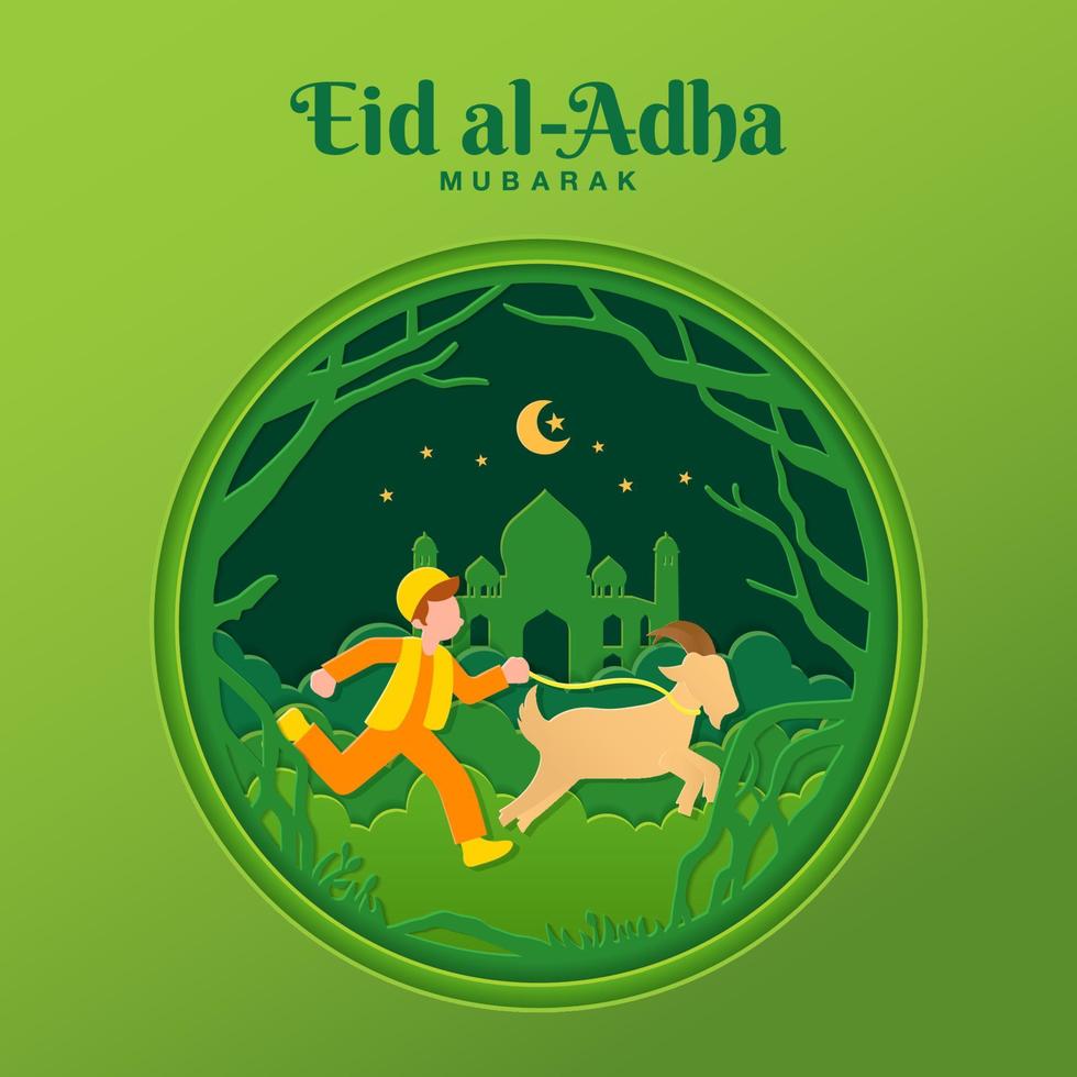 Eid al-Adha greeting card concept illustration in paper cut style with muslim boy bring goat for sacrifice vector