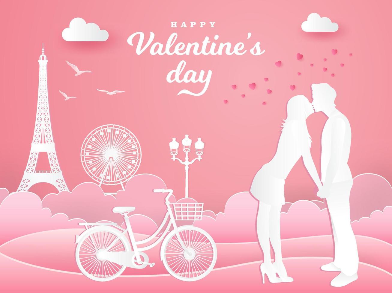 Valentine's Day greeting card. romantic couple kissing in the park with  bicycle on pink background vector